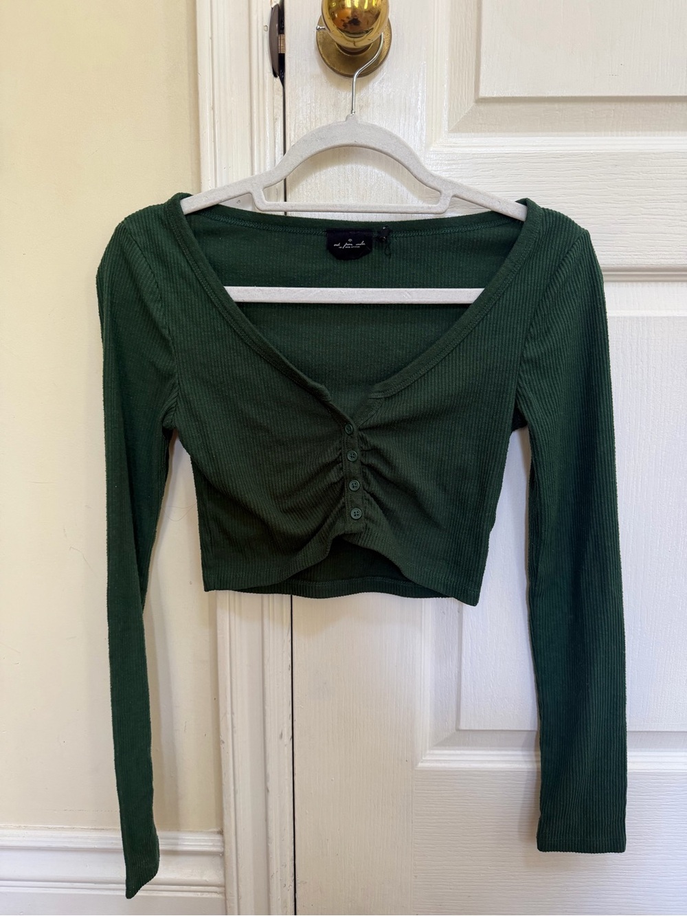 Urban Outfitters Dark Green Ribbed Button-Front Cropped Top